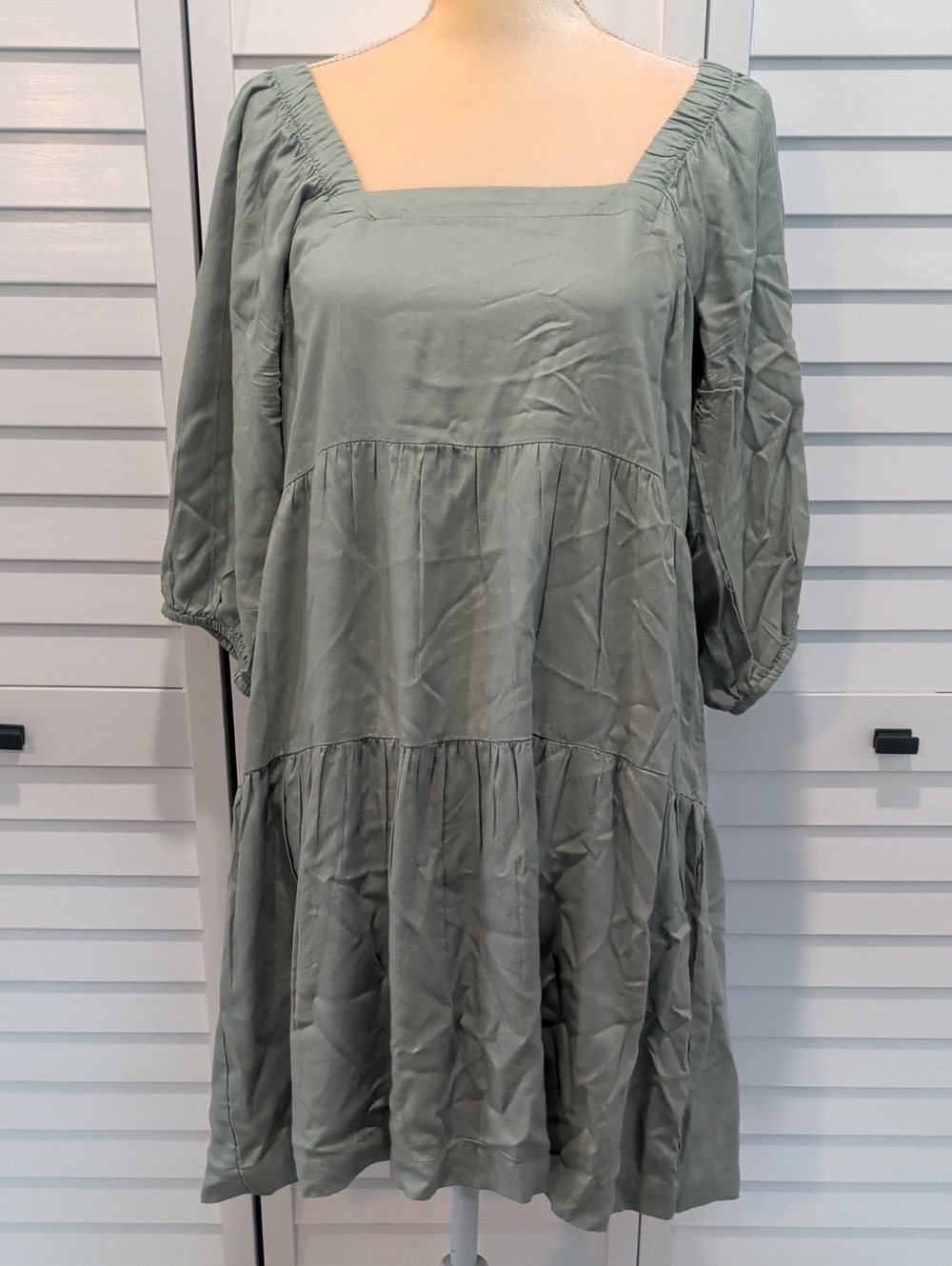 Women's Sage Green Square Neck Tiered Dress